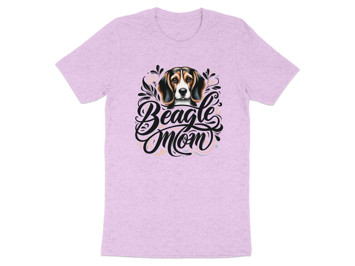 Beagle Mom text and beagle dog illustration on a pink t-shirt.
