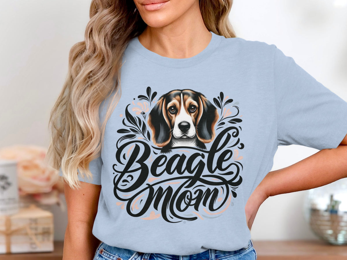 Light blue t-shirt with "Beagle Mom" text and a beagle illustration.