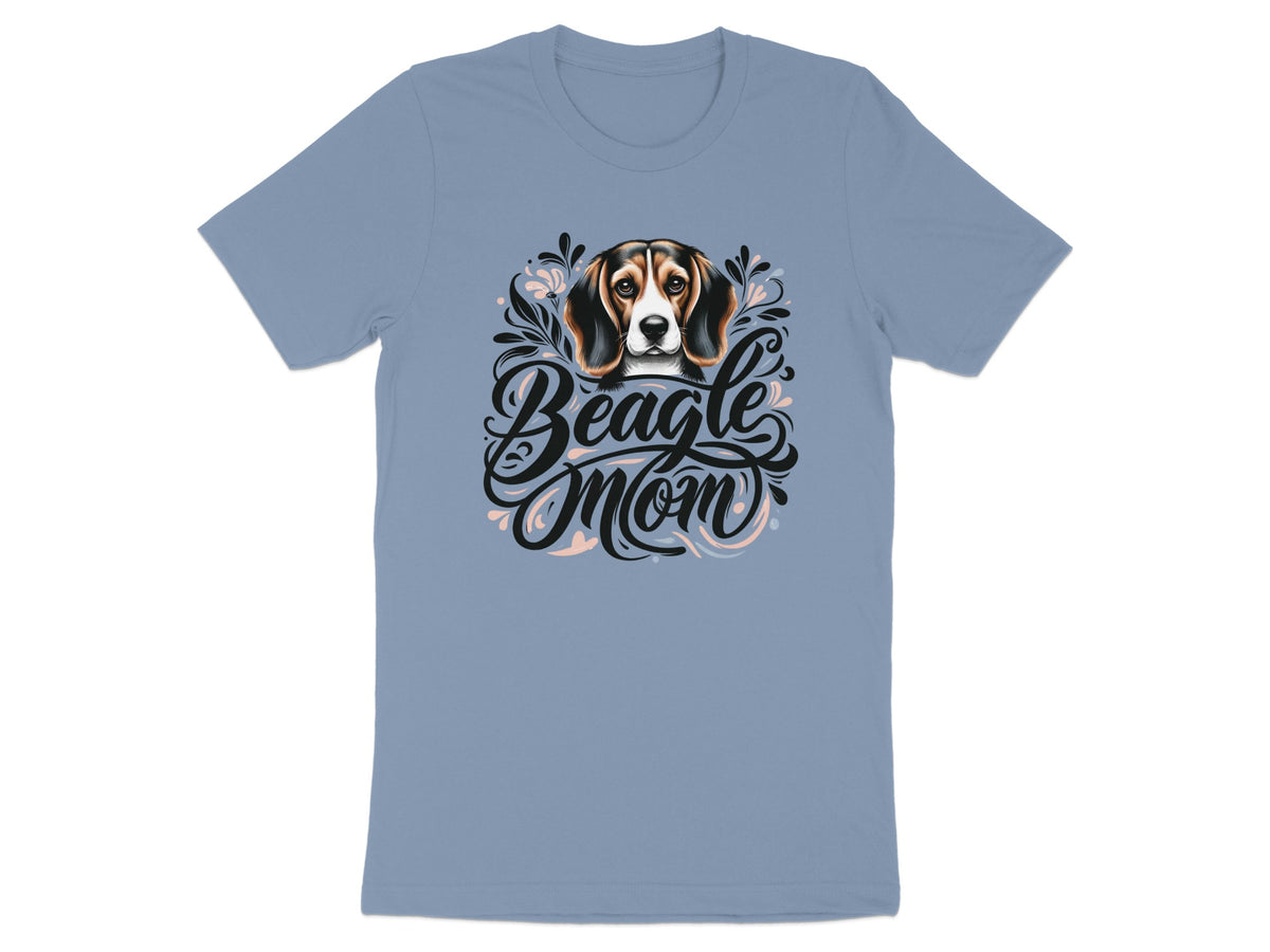 Beagle Mom text with decorative floral accents on a blue t-shirt.