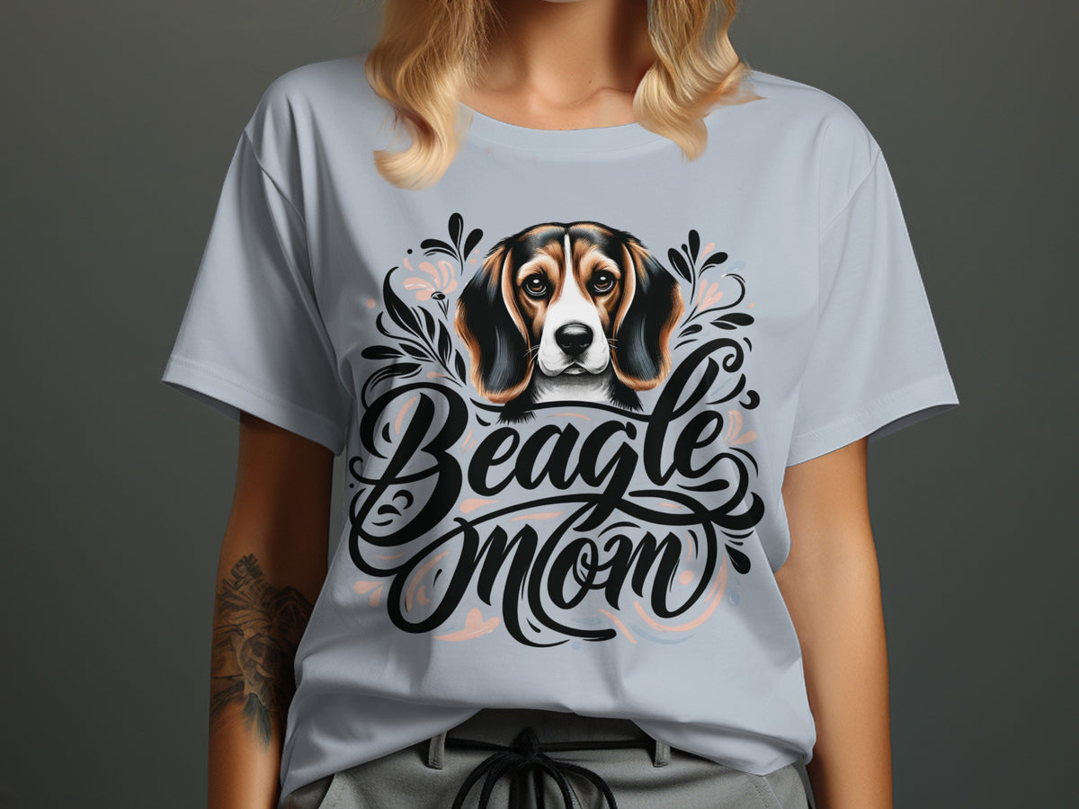 Light blue t-shirt with a Beagle dog portrait and "Beagle Mom" text.