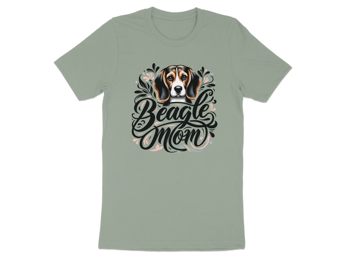 Beagle Mom text with a dog's head and floral accents on a t-shirt.