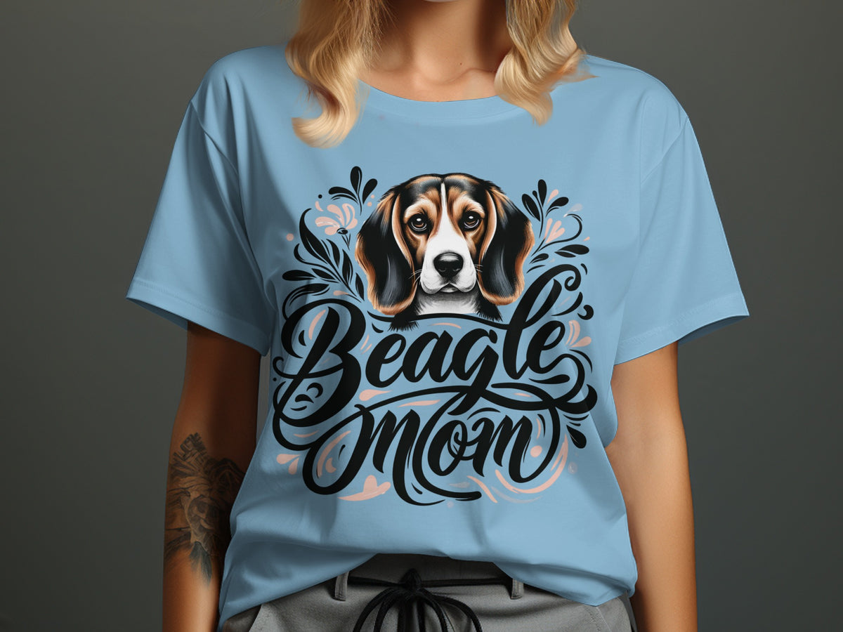 Light blue t-shirt with a Beagle dog illustration and "Beagle Mom" text.