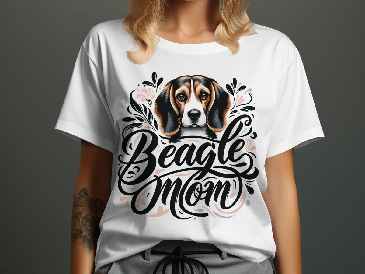 White t-shirt with "Beagle Mom" text and a Beagle dog illustration.
