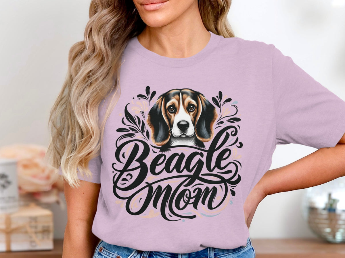 Beagle Mom text with beagle illustration on a lavender t-shirt.